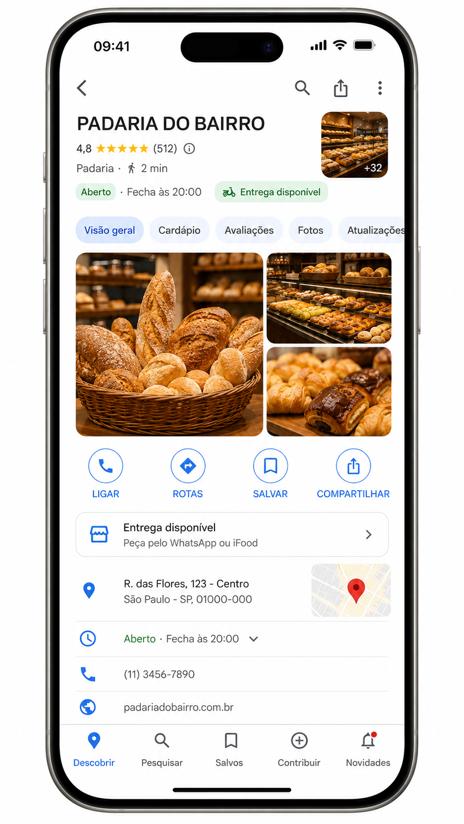 Ficha do Google Meu Negócio completa: fotos profissionais, 4.8 estrelas, horário, endereço, telefone, opção de delivery.
