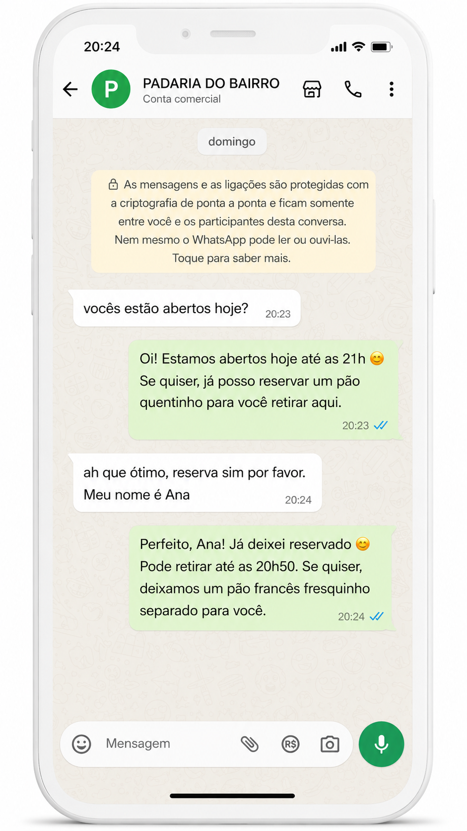 Exemplo de conversa do atendente no WhatsApp Business: cliente pergunta horário, atendente responde em segundos, oferece reserva e confirma com o nome do cliente.